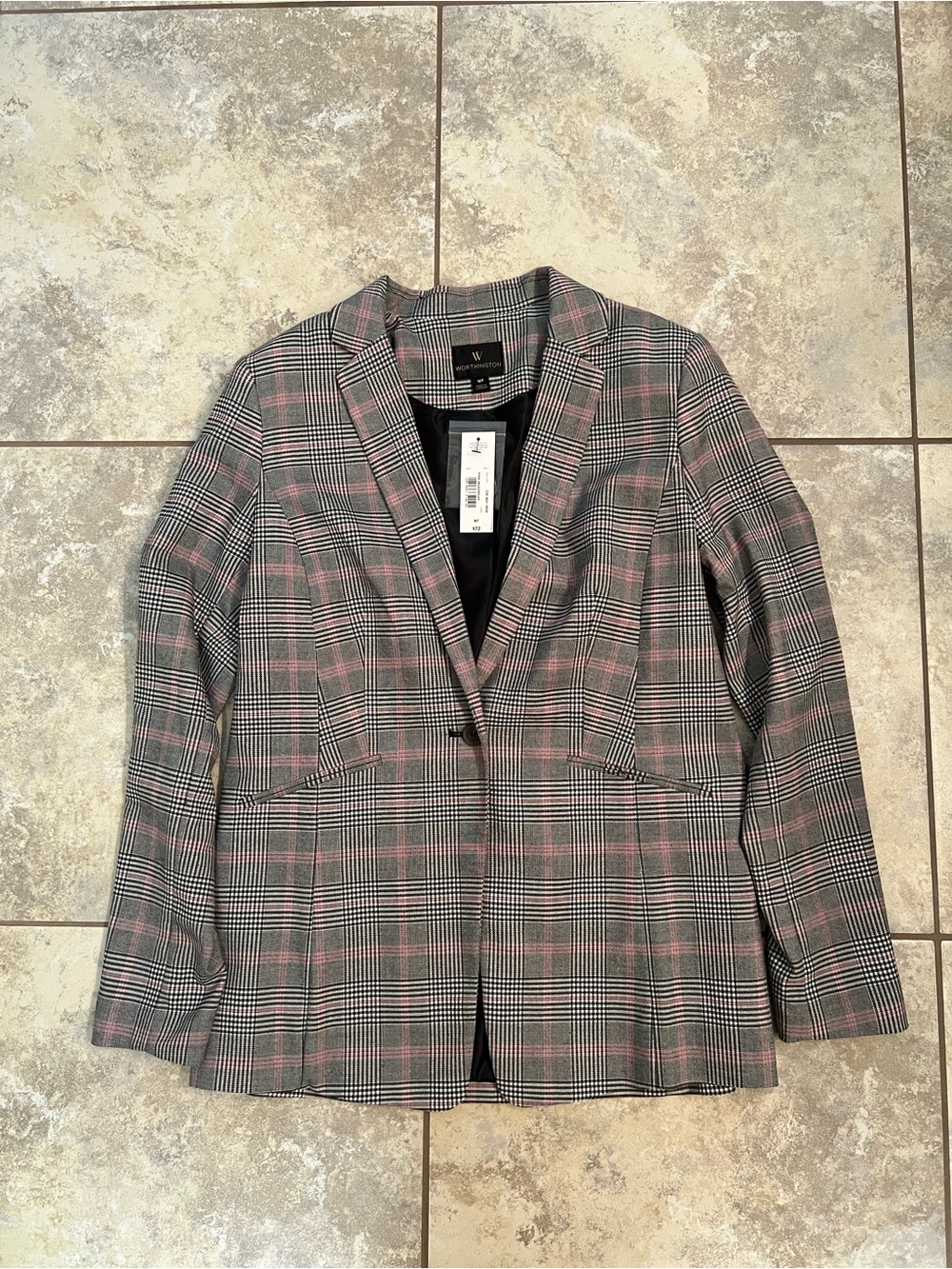 NWT Worthington Gray, Pink, White and Black Plaid Blazer